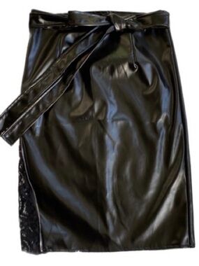 Chic Me Black faux glossy leather pencil belted bow casual skirt Sz M